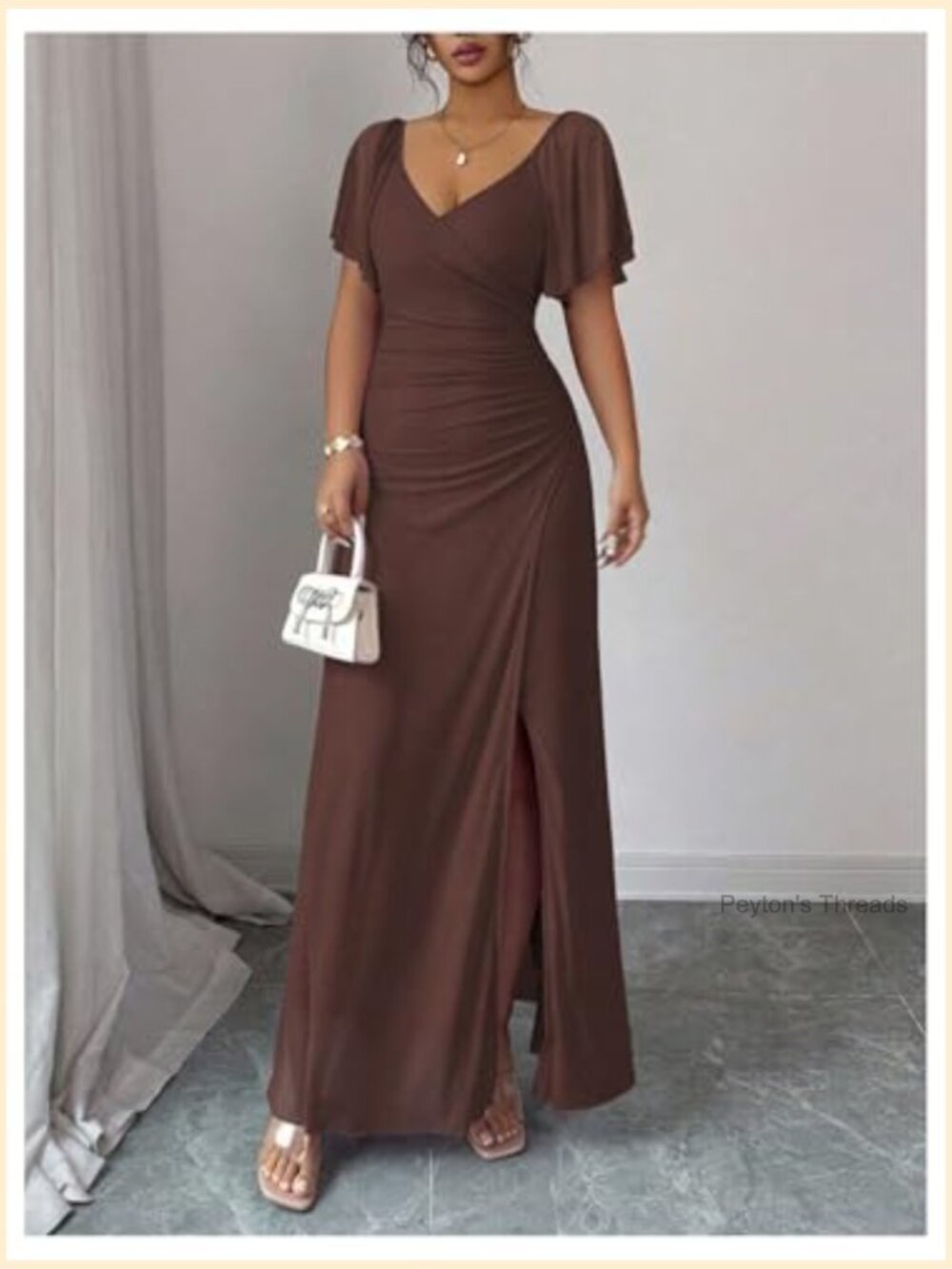 Women's Ruched Long Dress Split Thigh V Neck Short Sleeve Cocktail - Picture 4 of 5